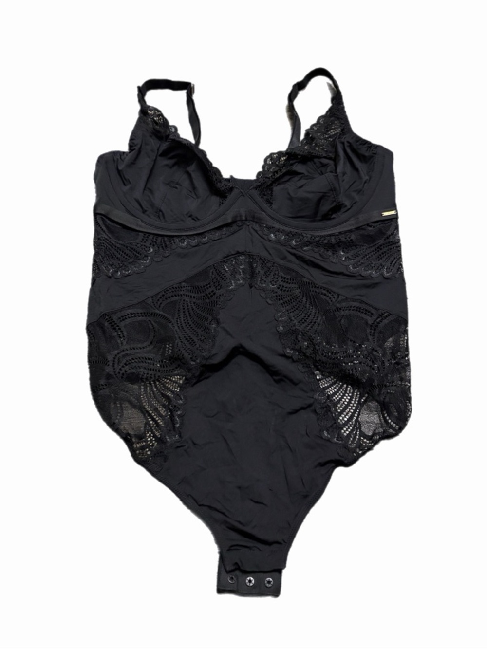 90s/Y2K European Vintage Entice Stretch Lace Panel Underwire Bodysuit (Black) M
